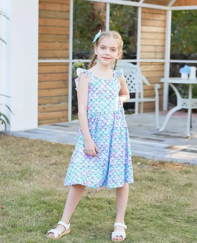 Miniatura 3 de Vieille Vestido de verano para niñas pequeñas, con volantes, manga corta, lindo vestido de sirena sin espalda para niños, vestido de playa casual
