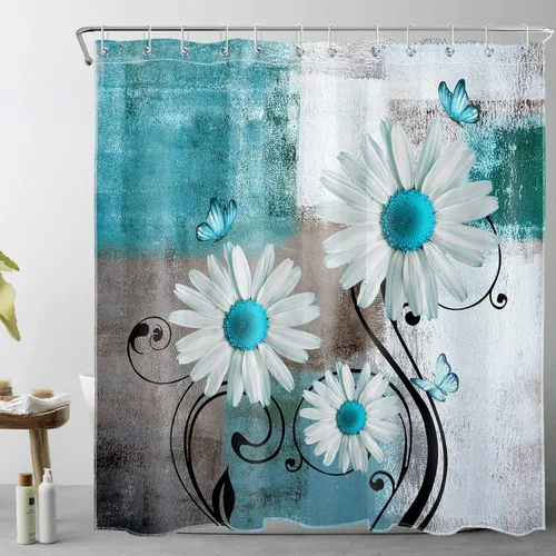 Miniatura 8 de Cortina de ducha floral con margaritas azules, flores blancas y mariposas en tela moderna abstracta geométrica gris para baño, 10 ganchos, 48 x 72