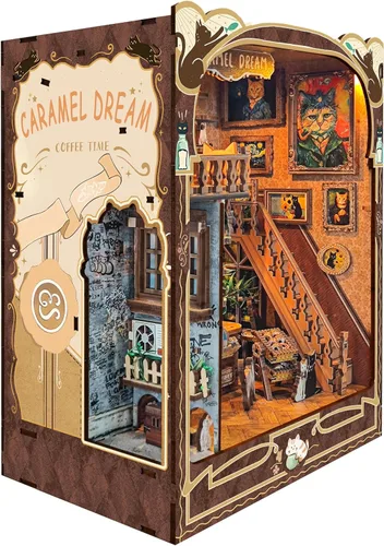 Miniatura 2 de Kit de rincón de lectura - Kit de casa de muñecas DIY en miniatura de madera con cubierta de polvo, estantería decorativa, rompecabezas 3D