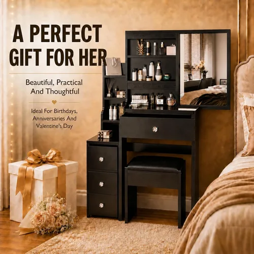 Miniatura 6 de BNSPLY 29.2" W Small Vanity Desk with Sliding Mirror, Black Makeup Vanity Set with 4 Drawers and 5 Shelves, Dressing Table with Cushion Stool for