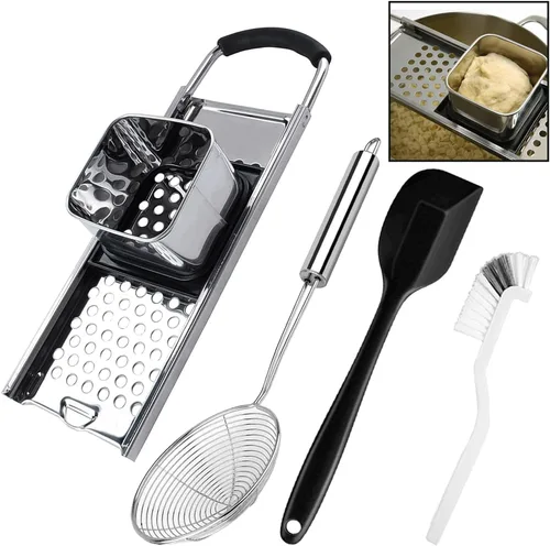 Spaetzle Maker de acero inoxidable con mango de agarre cómodo, prensa Spaetzle con cuchara coladora de araña, espátula de silicona y cepillo de