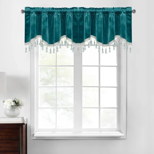 Miniatura 41 de StangH Cortinas decorativas de lujo, cenefa azul con bloqueo de luz, cenefa festoneada para ventana pequeña con bolsillo sólido para barra, cortina