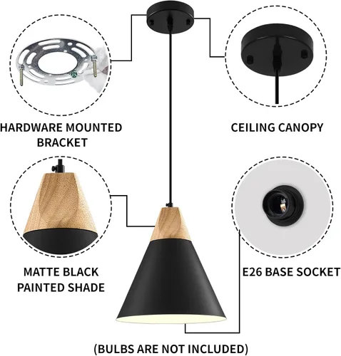 Miniatura 7 de Luz Colgante Negra Paquete de 2, 9.4 pulgadas - Luz Colgante de Estilo Rústico, Luces Colgantes Modernas, Luces Colgantes de Cocina para Oficina