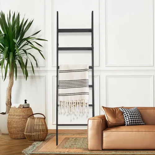 Miniatura 6 de Escalera para Mantas de 6 Niveles – Perchero de Edredones de 5.5 Pies que se Apoya en la Pared, Almacenamiento de Mantas Estilo Granja para Sala