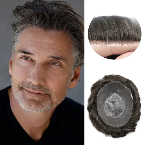 Miniatura 31 de Tupé para hombre 100% europeo cabello humano tupé para hombres piel ultra fina para hombre piezas de pelo sistema de reemplazo V-Looped Natural
