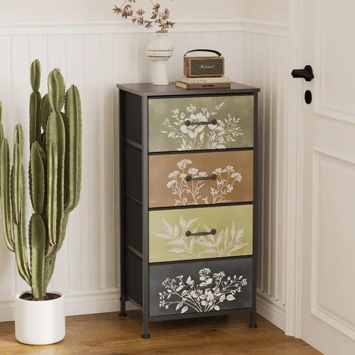 Tohomeor Cómoda vintage vertical con mesita de noche, cajones de tela con diseño botánico neutro para armario, baño, torre de almacenamiento,