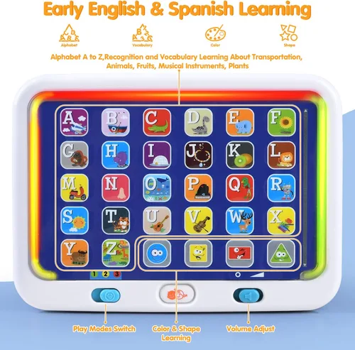 Miniatura 3 de PLAY Tableta de aprendizaje de español e inglés para niños pequeños de 1 a 3 años, letras ABC interactivas bilingües, palabras, juguetes