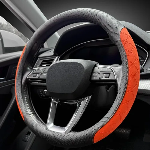 Miniatura 8 de LKWLIKEI - Funda para volante de piel Nappa, diseño elegante, patrón a cuadros, antideslizante, resistente al desgaste, mejora la comodidad de Negro