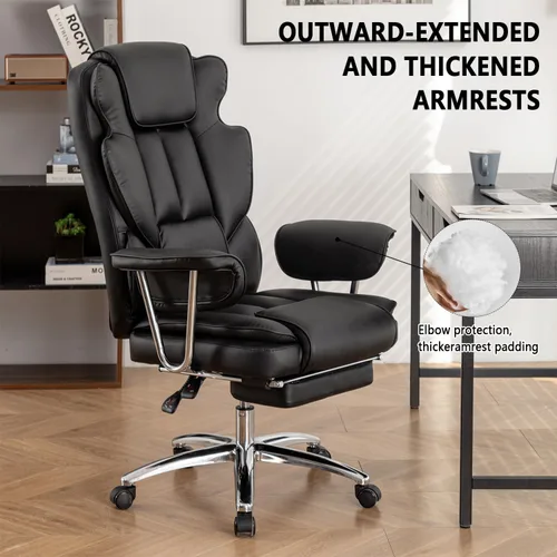 Miniatura 3 de Silla de oficina de piel sintética totalmente reclinable y cómoda silla de oficina grande y alta, 500 libras con reposapiés, ruedas y brazos Negro