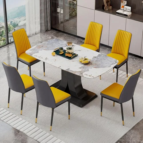Miniatura 8 de Juego de mesa de comedor moderno para 6, juego de mesa de cocina y sillas de mármol para 6, mesa de cocina rectangular con 6 sillas tapizadas