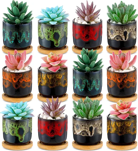 Miniatura 7 de 12 macetas de cerámica para suculentas de 2.5 pulgadas, macetas de jardín con drenaje y bandeja de bambú para plantas de jardín de interior, macetas