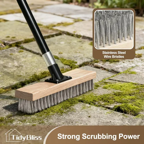 Miniatura 2 de TidyBliss Cepillo de alambre de acero inoxidable con mango largo, escoba rígida de metal resistente, removedor de musgo para exteriores para piso