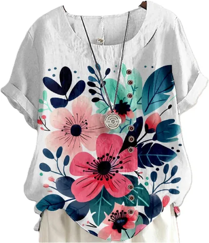 Miniatura 22 de domirica Camisetas de verano para mujer 2024 con estampado de flores, algodón, lino, manga corta, cuello redondo, camisas casuales de moda