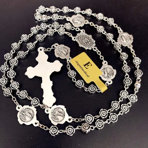Miniatura 3 de elegantmedical Hecho a mano vintage plata rosa cuentas rosario católico collar cruz caja de regalo Italia crucifijo, Plata
