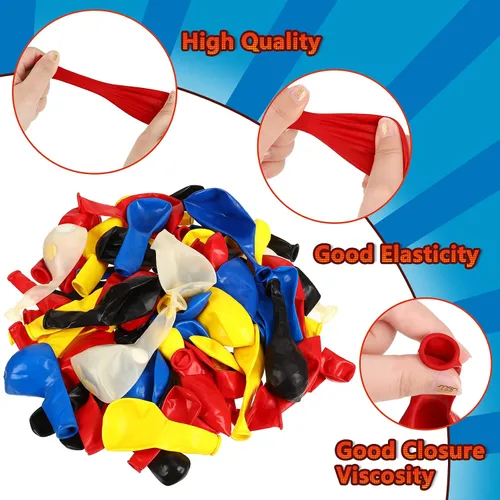 Miniatura 5 de Kit de guirnalda de arco de 147 piezas con temática de héroe, incluye globos azules, rojos, amarillos, negros con globos de confeti y cinta en rollo