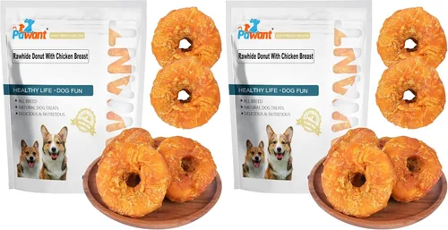 Miniatura 8 de Golosinas para perros de larga duración para perros grandes, dientes limpios envueltos en pollo, donas de cuero crudo, 1 lb/454 g