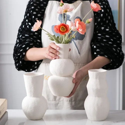 Miniatura 5 de Jarrones de cerámica para flores, juego de 3 jarrones acanalados blanco mate, jarrones decorativos para hierba de las pampas, decoración moderna