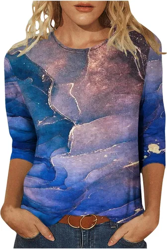 Miniatura 17 de Camisas de manga 3/4 para mujer, blusas casuales de verano 2026, cuello redondo, estampado floral, lindas, blusas holgadas 02 Beige