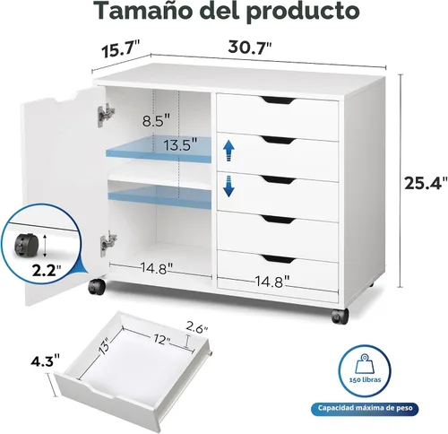 Miniatura 3 de DEVAISE Gabinete de madera con 5 cajones, armario de almacenamiento de oficina con estante ajustable y ruedas, soporte de impresora para oficina