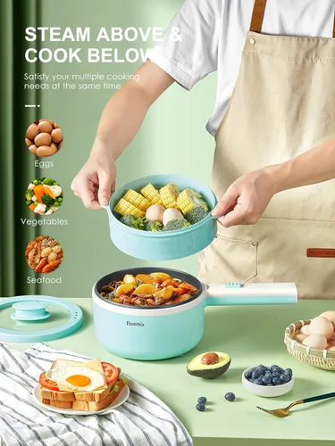 Miniatura 6 de Olla Eléctrica con Vaporera, Cocedor de Ramen Antiadherente de 1.6L Sartén para Saltear para Bistec, Huevo, Arroz Frito, Ramen, Avena, Sopa
