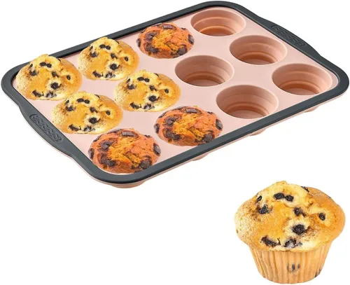 Miniatura 9 de Moldes de silicona para muffins para hornear con marco de metal, molde de silicona para muffins de 6 cavidades, molde antiadherente para cupcakes