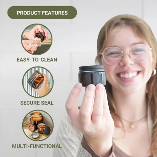 Miniatura 2 de Tarro de vidrio ámbar de 1 onza – 12 paquetes, tarros redondos vacíos sin plomo para productos de belleza, loción y polvos – Tapa negra – Tarros