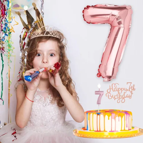 Miniatura 6 de Decoraciones de 7º cumpleaños para niñas – Tiara de corona de diamantes de imitación de oro rosa, decoración de pastel, velas de números y globos