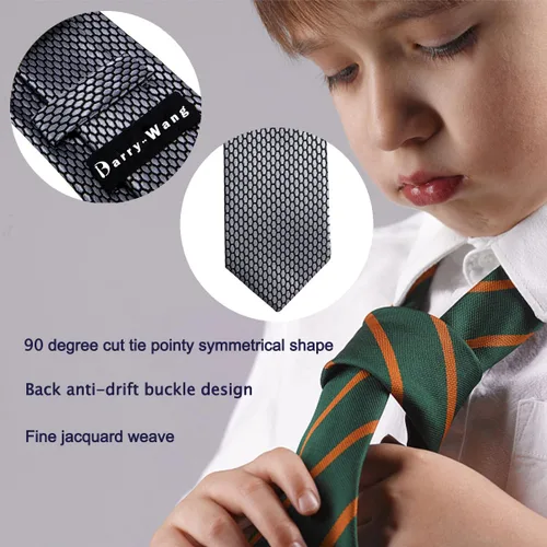 Miniatura 69 de Barry.Wang Corbata de niño regular seda tejida rayas sólido lazo bolsillo cuadrado