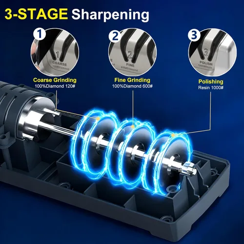 Miniatura 3 de Afilador de cuchillos eléctrico, afilador de cocina profesional de 3 etapas con 100% abrasivo de diamante, ángulo de precisión de 15°, caja de polvo