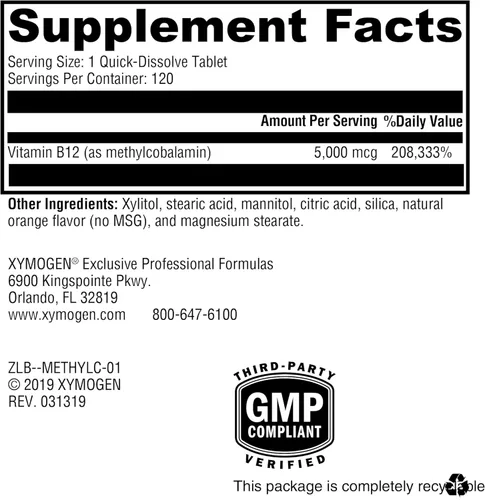 Miniatura 2 de XYMOGEN Metilcobalamina - 5 mg de vitamina B12 - Apoya la metilación saludable, la salud neurológica y la formación de glóbulos rojos - Sin OMG