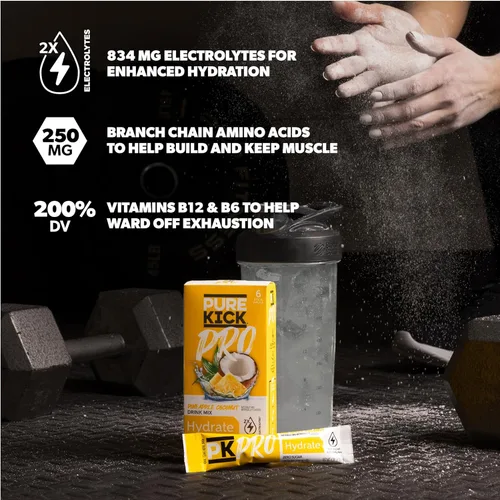 Miniatura 3 de PURE KICK PRO Mezcla para bebida de electrolitos de hidratación, Piña y Coco, Incluye 1 caja con 6 sobres en cada caja