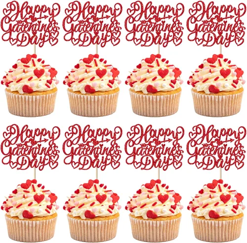 Miniatura 34 de Paquete de 24 adornos para cupcakes con purpurina en forma de corazón con temática de amor dulce, decoración de pasteles para el día de San