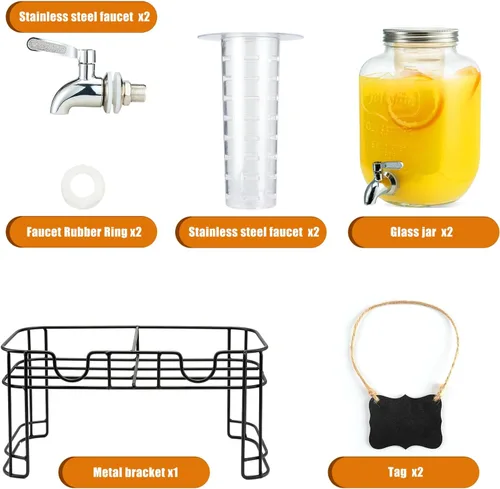 Miniatura 6 de Dispensadores de bebidas de vidrio de 1 galón para fiestas, paquete de 2 dispensadores de bebidas con soporte, cilindro de hielo y espita de acero