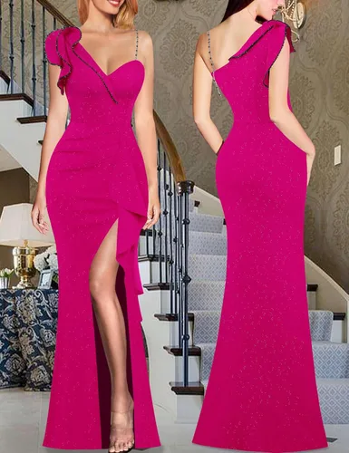 Miniatura 2 de VFSHOW Vestido largo de fiesta formal con volantes y tirantes para el hombro, para mujer, vestido largo sexy con cuello en V dividido para cóctel