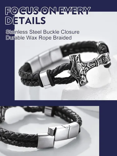Miniatura 4 de Bandmax Pulsera trenzada de cuero negro para hombre con colgante gótico punk, pulsera de cuero con hebilla de acero inoxidable, paquete de regalo