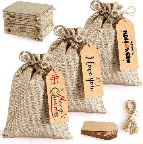 Juego de 25 bolsas de regalo reutilizables de arpillera con cordón, bolsas pequeñas de regalo de fiesta de 5 x 7 pulgadas + etiquetas de regalo y