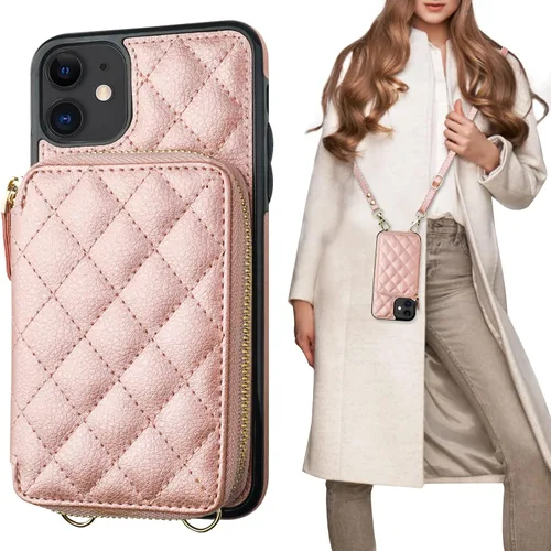 Miniatura 14 de Bocasal Funda tipo cartera cruzada para iPhone 11, con bloqueo RFID, de piel sintética, con cremallera, funda tipo cartera con función atril y Negro