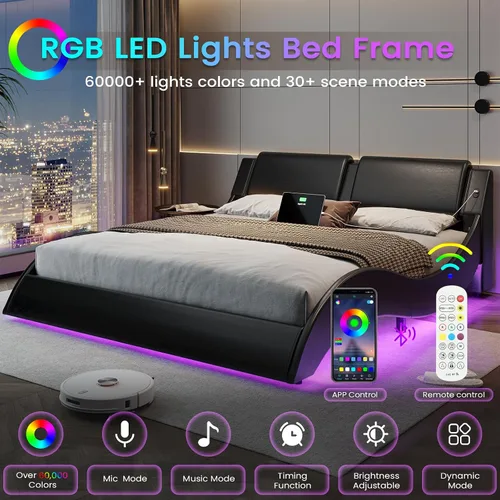 Miniatura 4 de DICTAC - Marco de cama Queen con luces LED y puertos de carga, cama moderna tapizada tamaño Queen con cabecera, marco de cama de plataforma