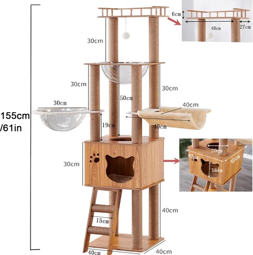 Miniatura 2 de Árbol de madera para gatos de 61 pulgadas con condominio para gatos, postes rascadores de escaleras para gatos, 2 cuencos, postes rascadores