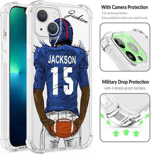 Miniatura 3 de Funda transparente de fútbol con nombre y número personalizados para iPhone 17 Pro Max 16 15 Plus 14 13 Mini 12 11 Xs Max Xr SE3, con 4 esquinas a