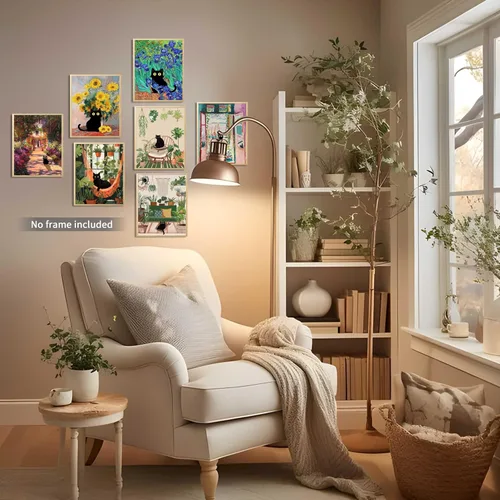Miniatura 3 de Divertido póster de arte de pared de gato negro, juego de 9, impresiones en lienzo vintage de gato negro de Van Gogh, impresiones estéticas florales