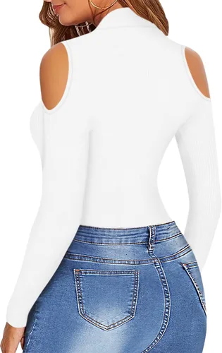 Miniatura 3 de HERLOLLYCHIPS Camisetas de cuello alto falso para mujer, hombros descubiertos, manga cortalarga, de punto acanalado, ajustadas, elásticas, sexy