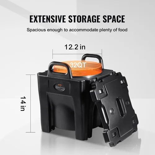 Miniatura 4 de VEVOR Portador de comida aislado, Caja caliente apilable de 32Qt para catering con barril de acero inoxidable, Calentador de alimentos de carga Negro