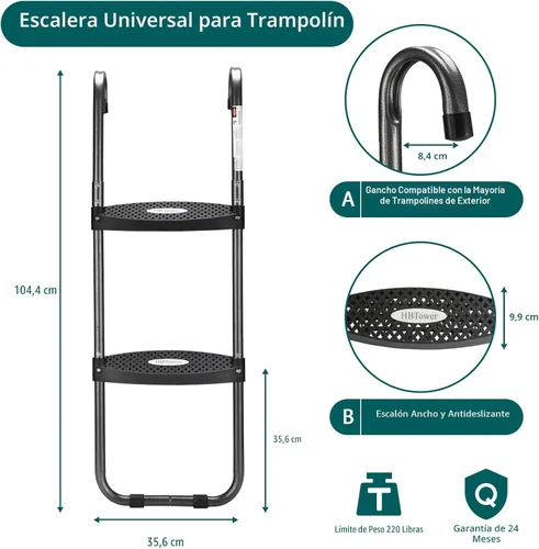 Miniatura 3 de Escalera de trampolín HBTower con pasos horizontales y anchos, gancho universal, acero tratado con UV, capacidad de 220 libras, accesorios