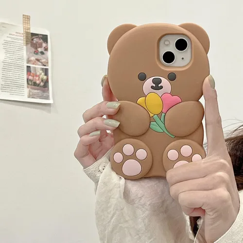 Miniatura 4 de Funda para iPhone 13 Cute Kawaii 3D Cartoon Flower Bear Marrón Suave Silicona a prueba de golpes Funda protectora para niños niñas