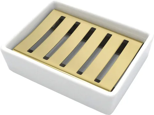 Jabonera de cerámica dorada de acero inoxidable para ducha y baño, caja de jabón de drenaje de doble capa