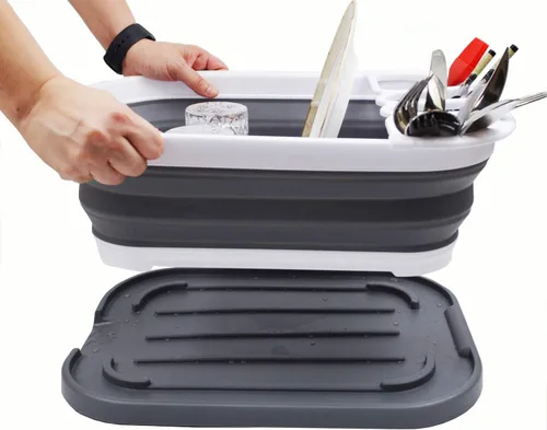 Miniatura 4 de SAMMART Escurridor de platos plegable de 3.17 galones con bandeja, juego de escurridor plegable, organizador de vajilla portátil, bandeja