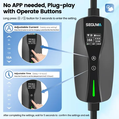 Miniatura 3 de Cargador EV de nivel 1/2, control de corriente ajustable Wi-Fi/App de 16 amperios, enchufe NEMA 5-15 certificado ETL/adaptador NEMA 6-20, retardo