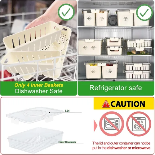 Miniatura 2 de shopwithgreen Recipientes para barra de ensalada para refrigerador con tapa y asa, contenedores de almacenamiento de frutas con 4 coladores
