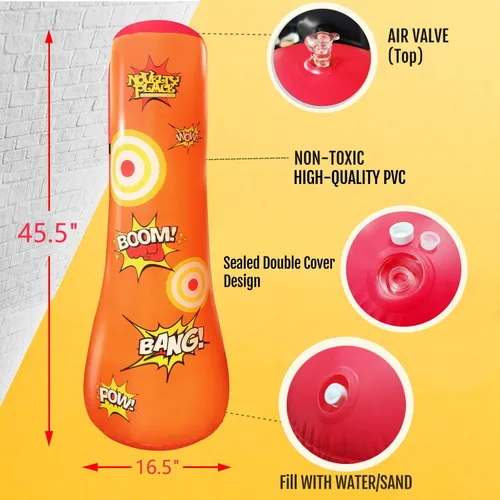 Miniatura 3 de Novelty Place Saco de boxeo inflable para niños – 4 pies de alto – Juguete de golpear y rebotar de nuevo para niños y niñas, fitness y alivio